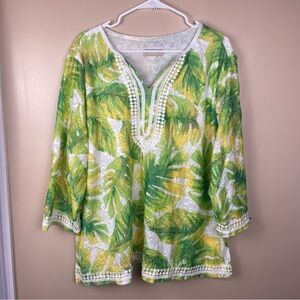 Alfred Dunner Women’s Plus Green Yellow Leaf 3/4 Sleeves Eyelet Trim Tunic